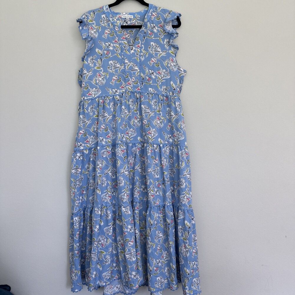 Mary Square Women's Blue Floral Maxi Dress XL Flutter Sleeve Pockets